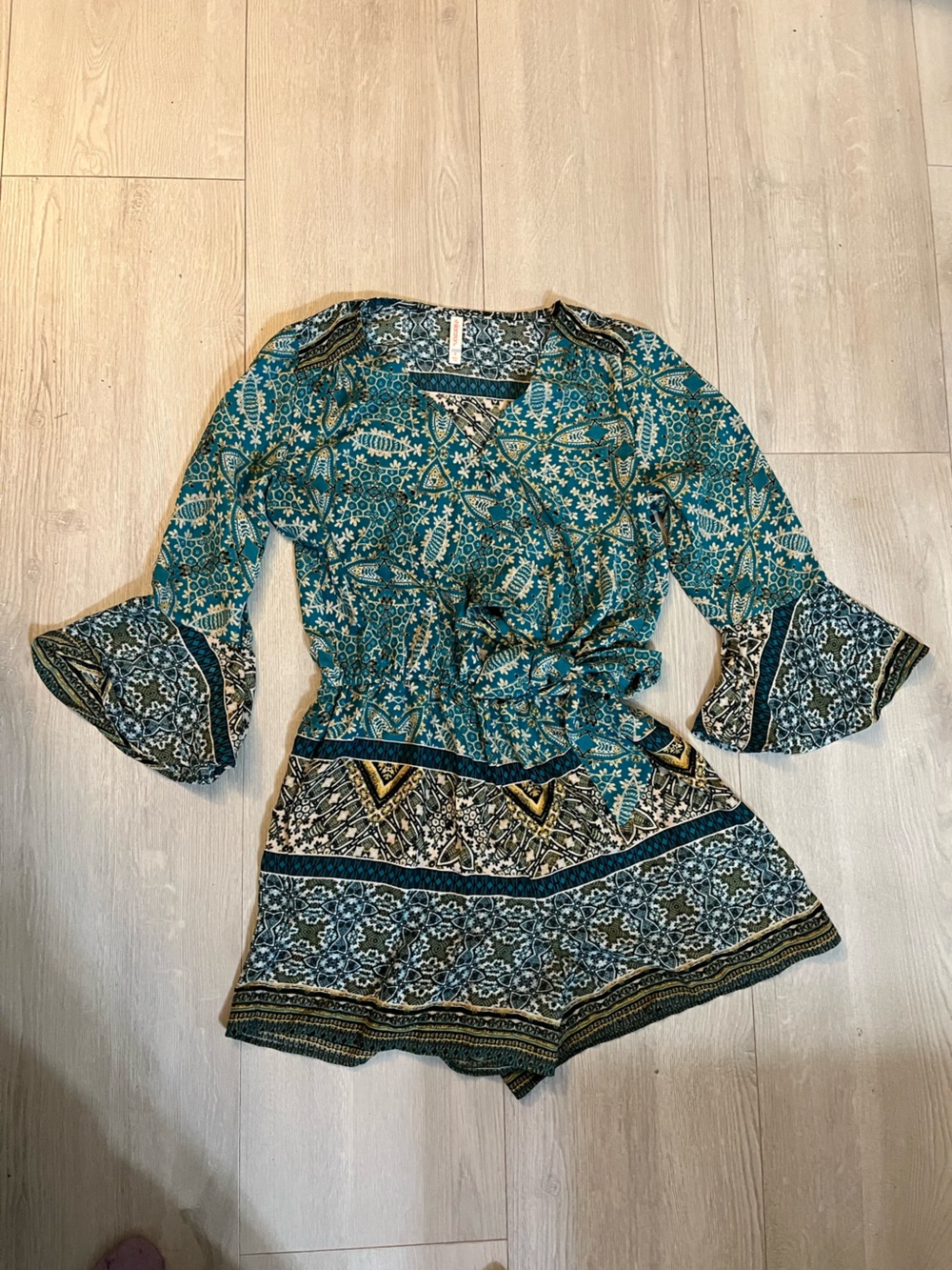 Xhilaration Teal Printed Tie-Waist Romper